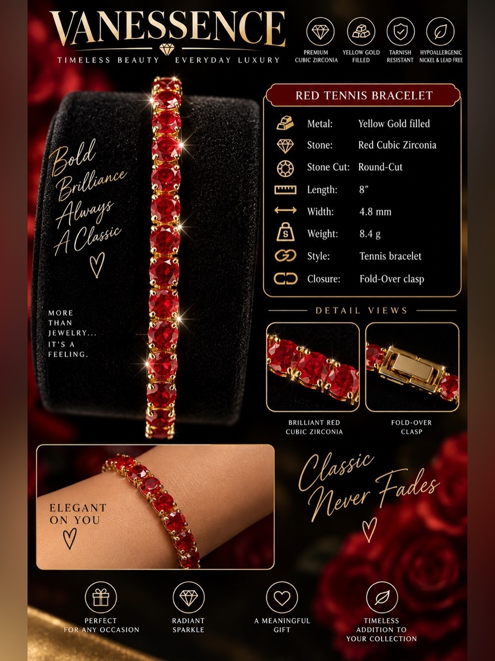 4.8mm Yellow Gold Red Tennis CZ Bracelet 8 in. - Picture 3 of 11